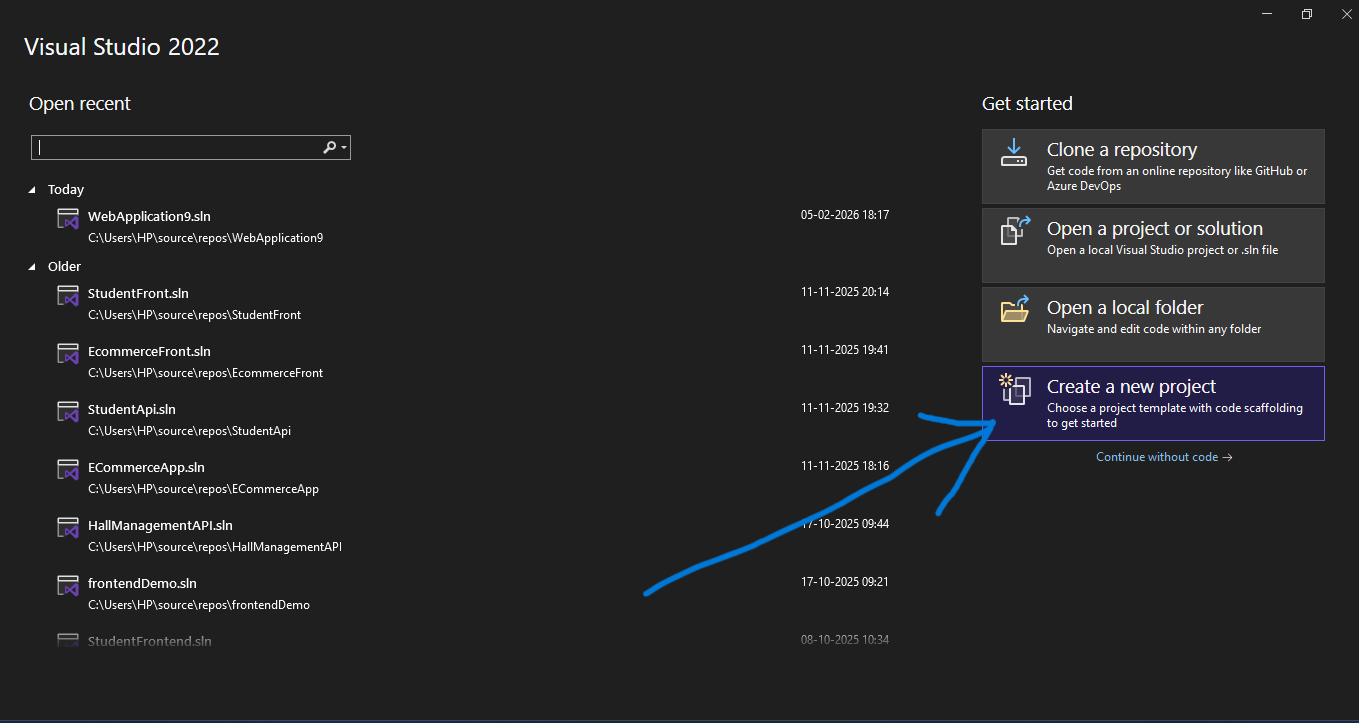 Visual Studio 2022 Create Project Screen